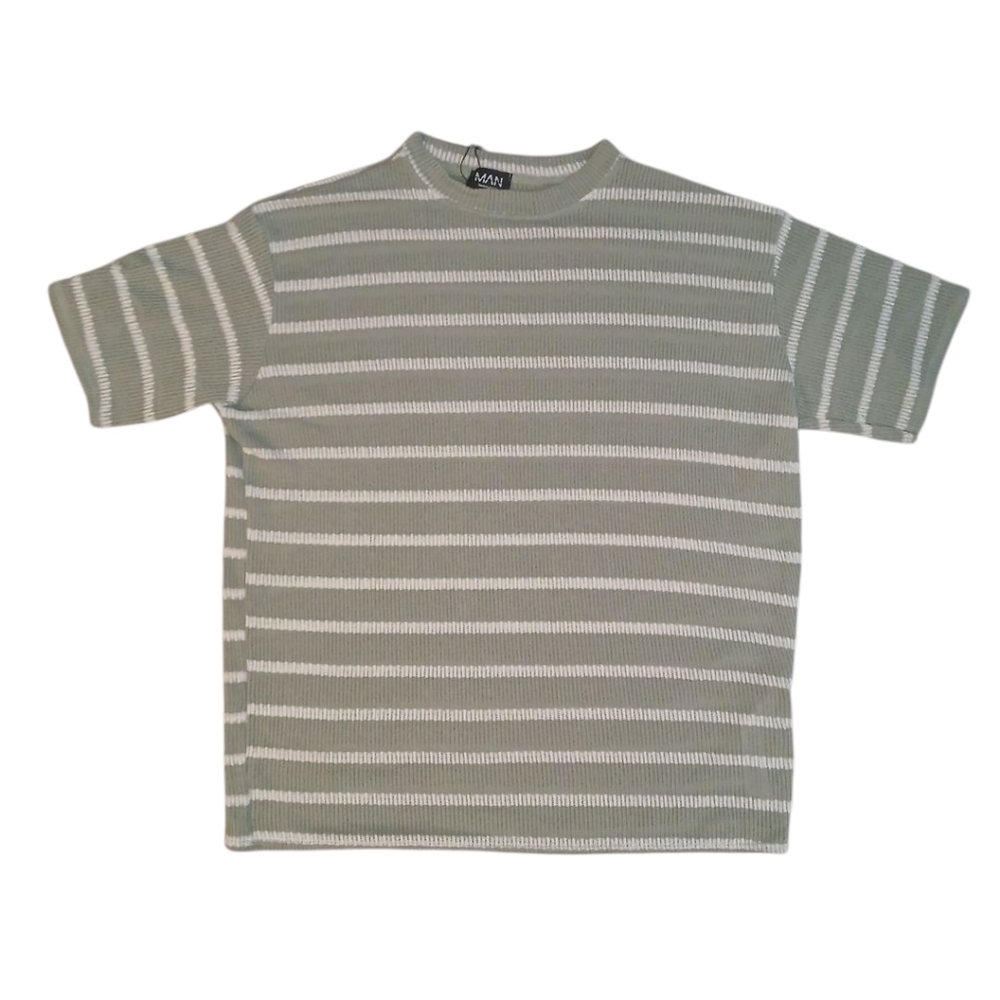 Boohoo Men's Green and White Striped Shirt Size XL